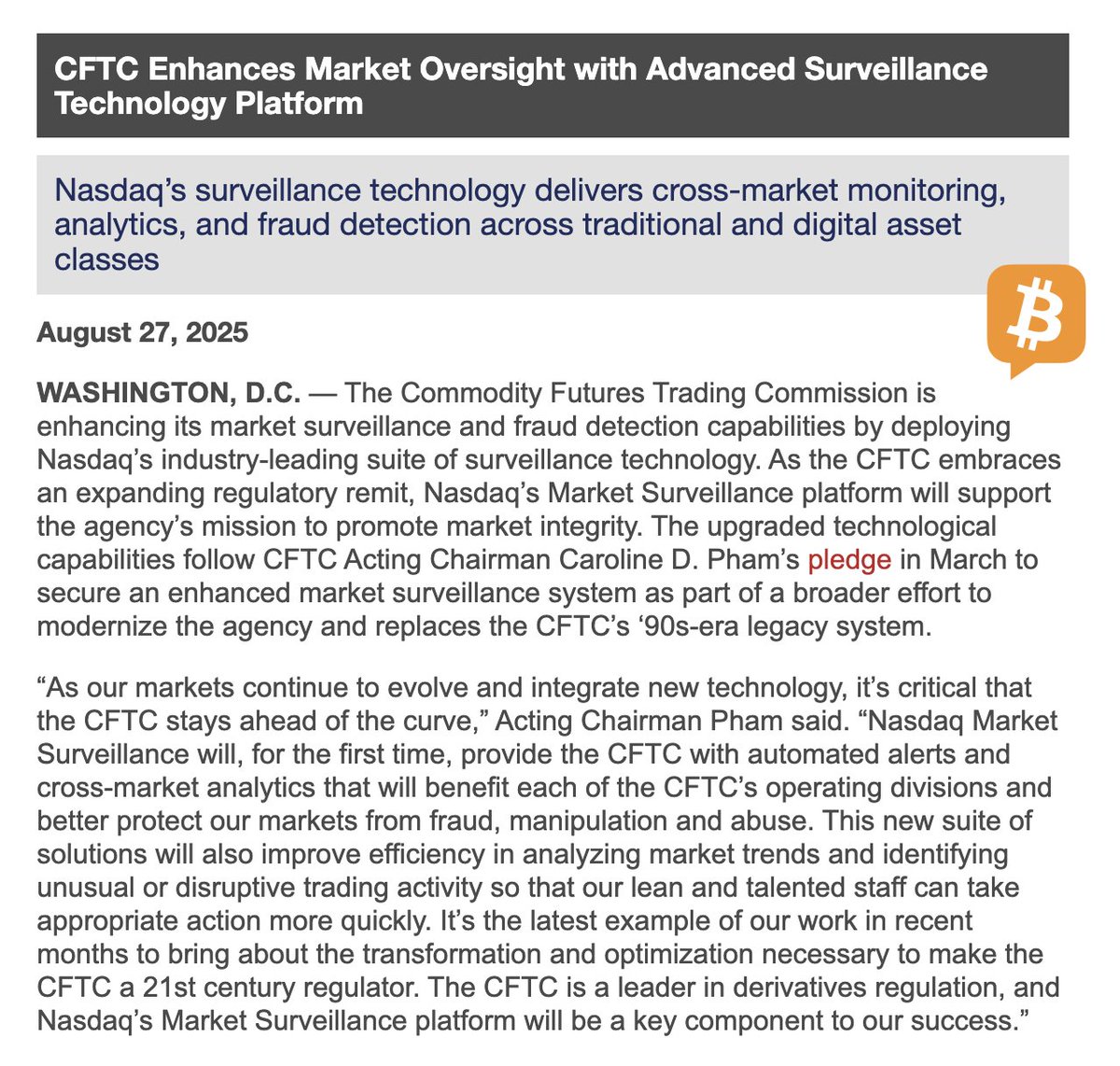 CFTC Adopts Nasdaq Surveillance Tech to Bolster Crypto and Futures Oversight