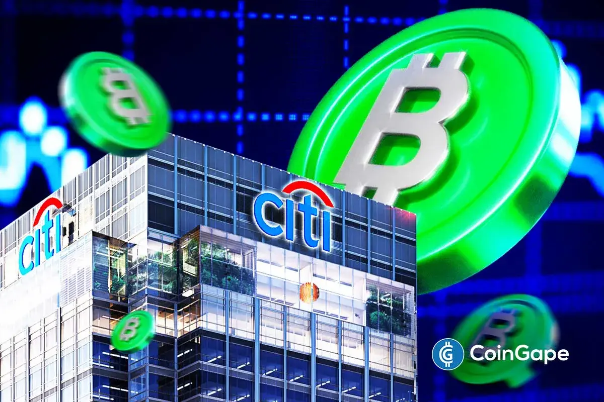 An image of Citigroup's building and Bitcoin's logo