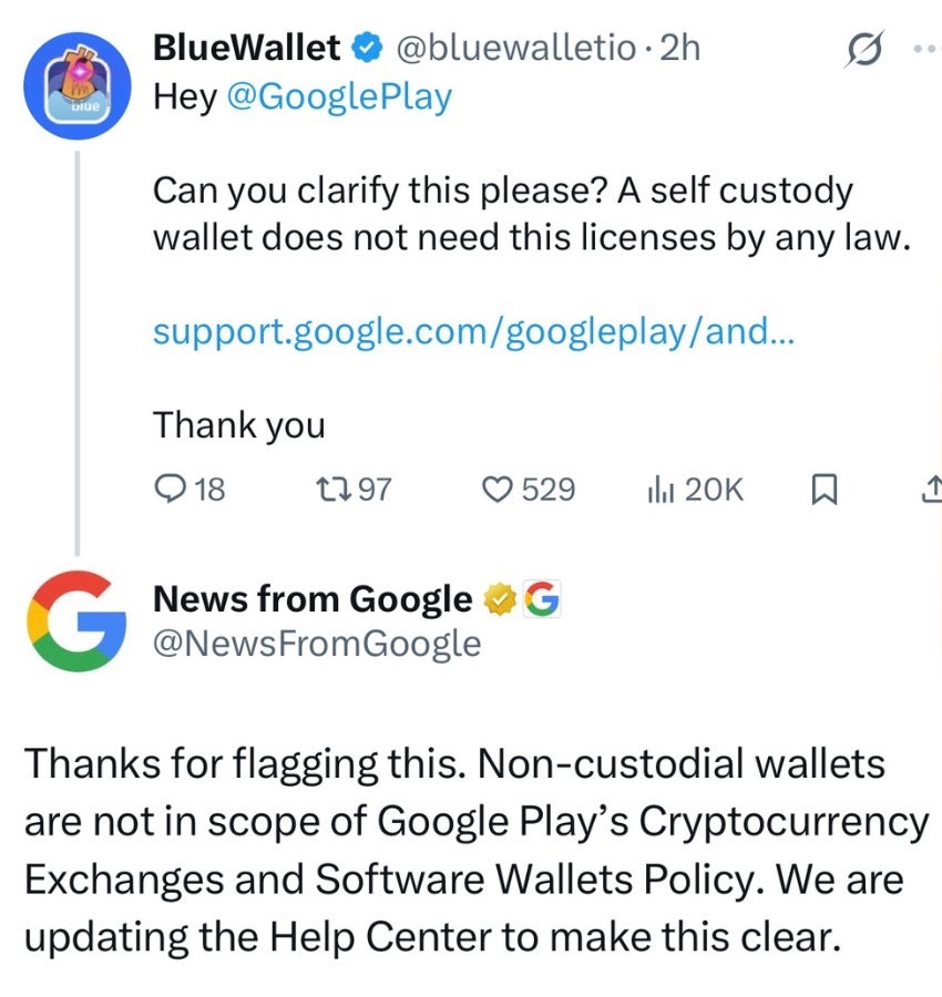 Google Reverses Course, Says Non-Custodial Crypto Wallets Can Stay on Play Store