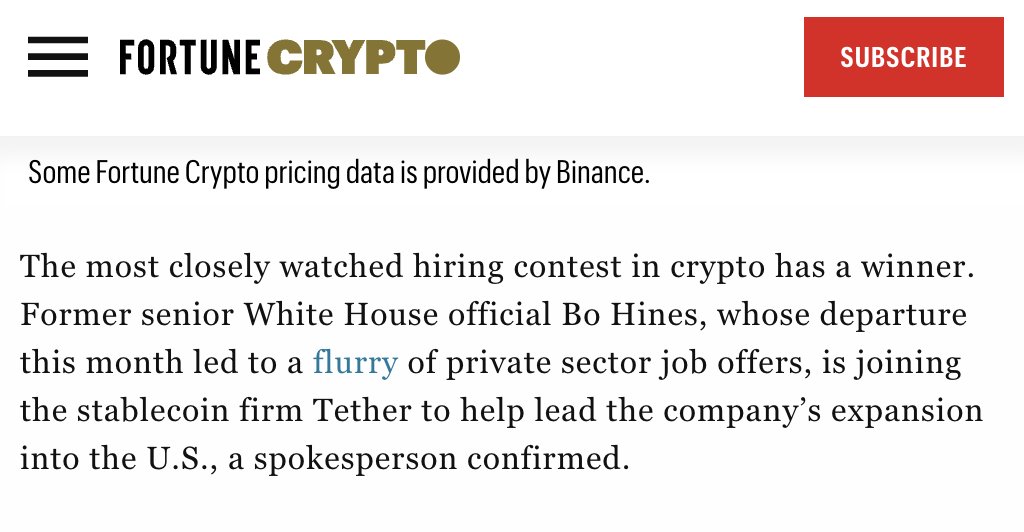 Tether Hires Former White House Crypto Adviser Bo Hines for US Push