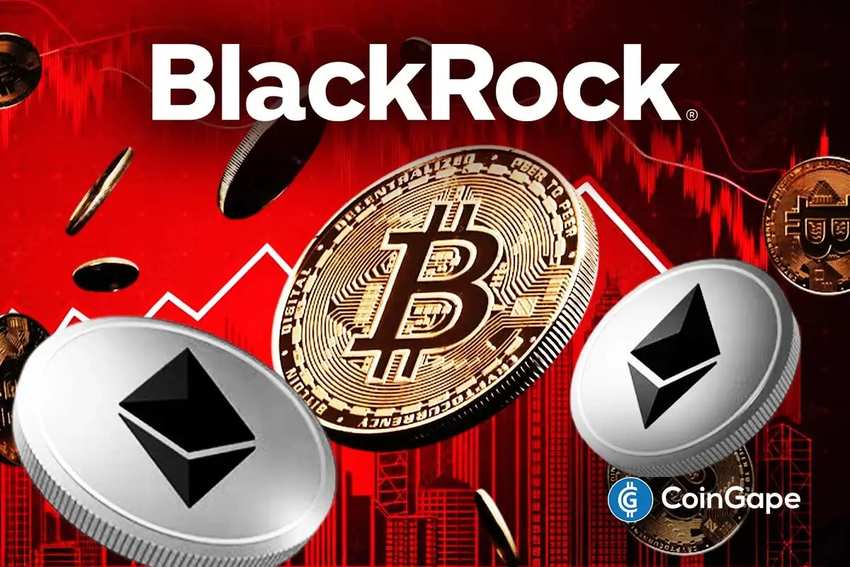 an image of BlackRock, Bitcoin, and Ethereum's logos