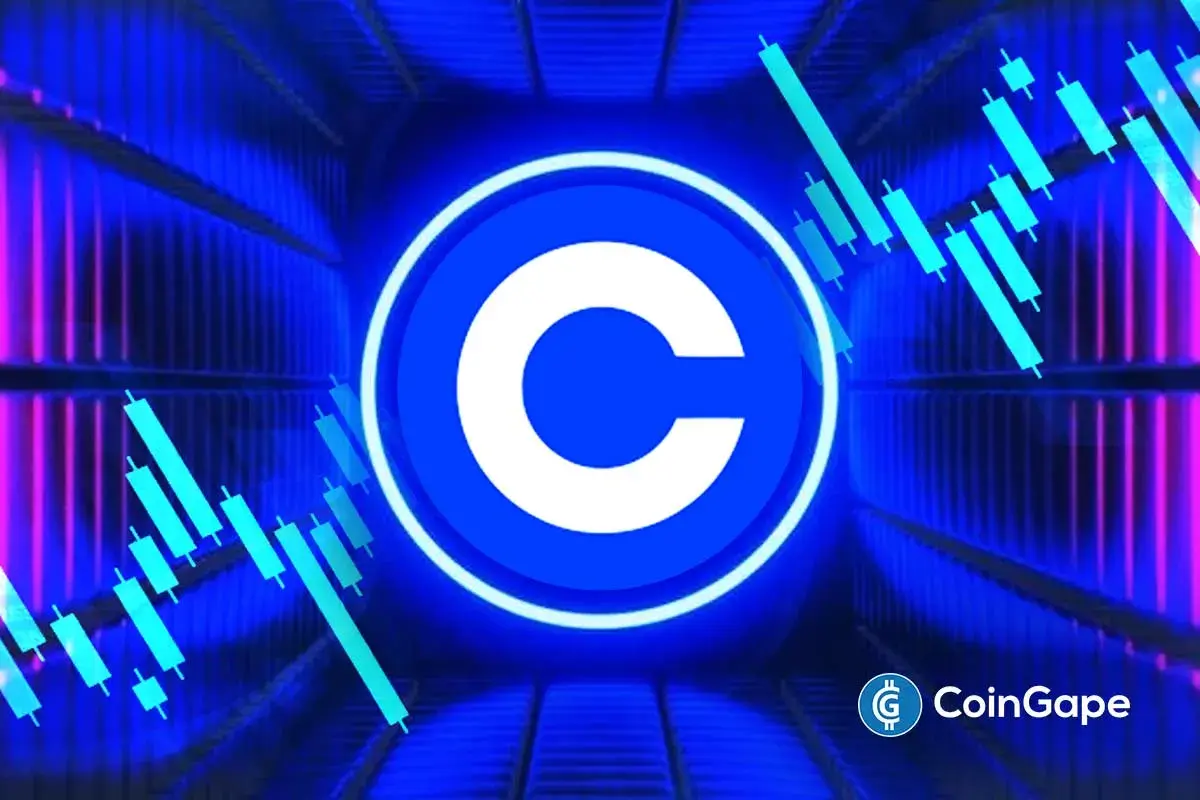 Coinbase logo with rising candlestick chart, symbolizing DeFi borrowing surge.