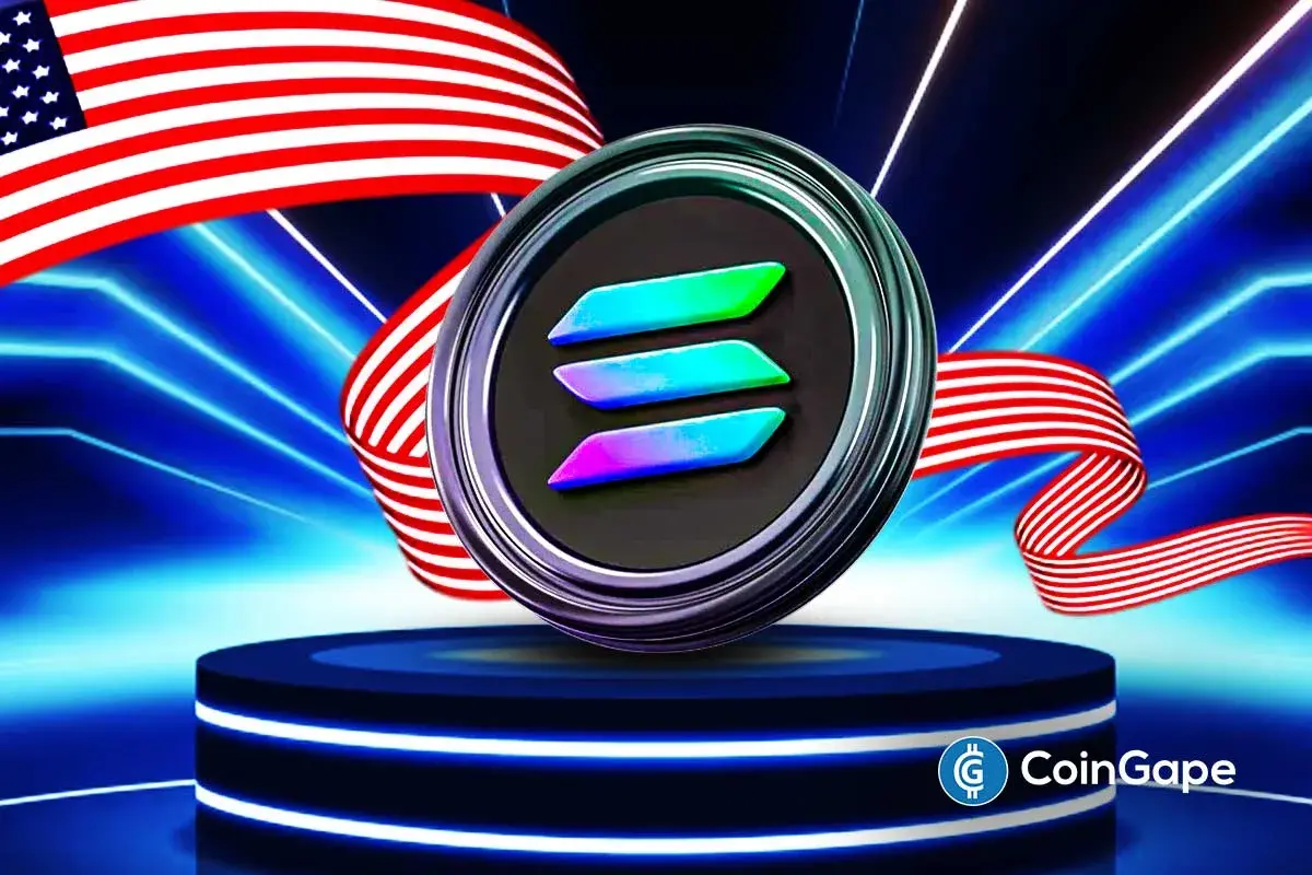 Solana logo with U.S. flag backdrop, symbolizing updated ETF filings with SEC.