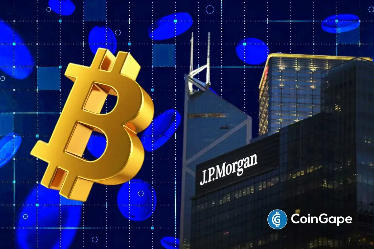 An image of Bitcoin's logo and JPMorgan's building