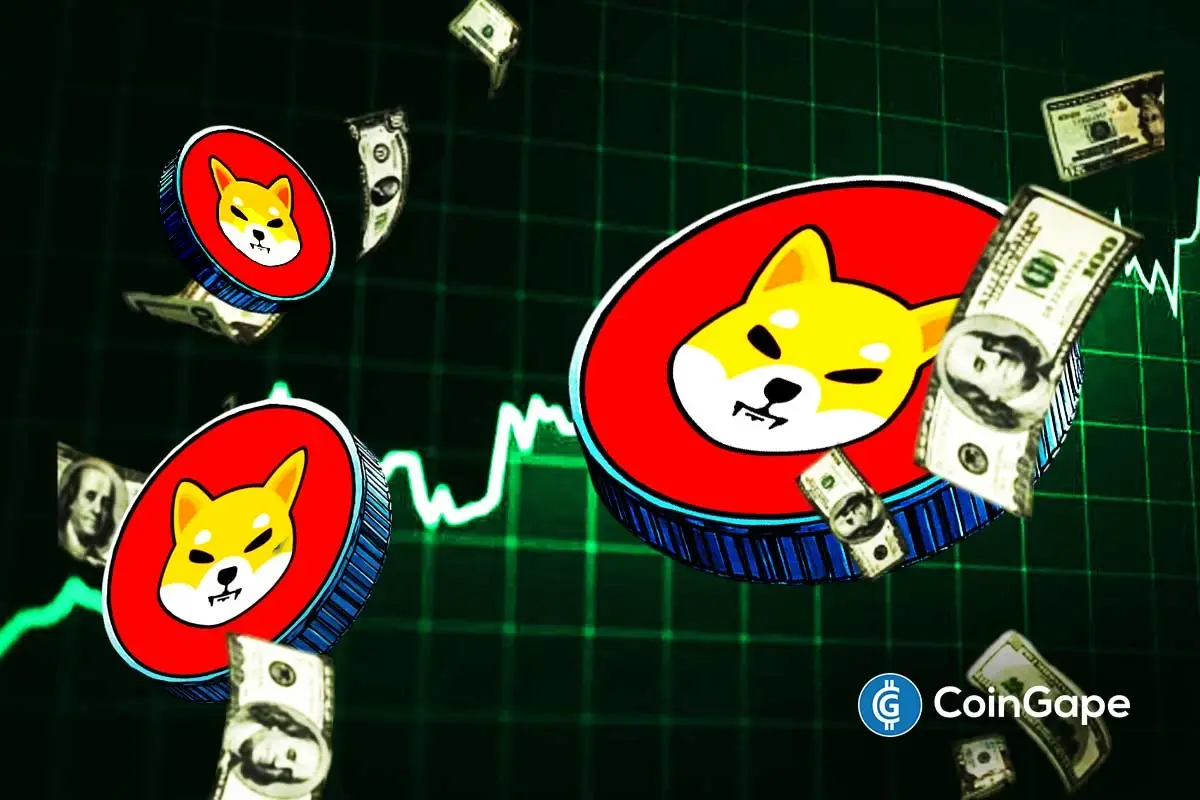 Shiba Inu price chart showing inverse head and shoulders with bullish breakout projection.