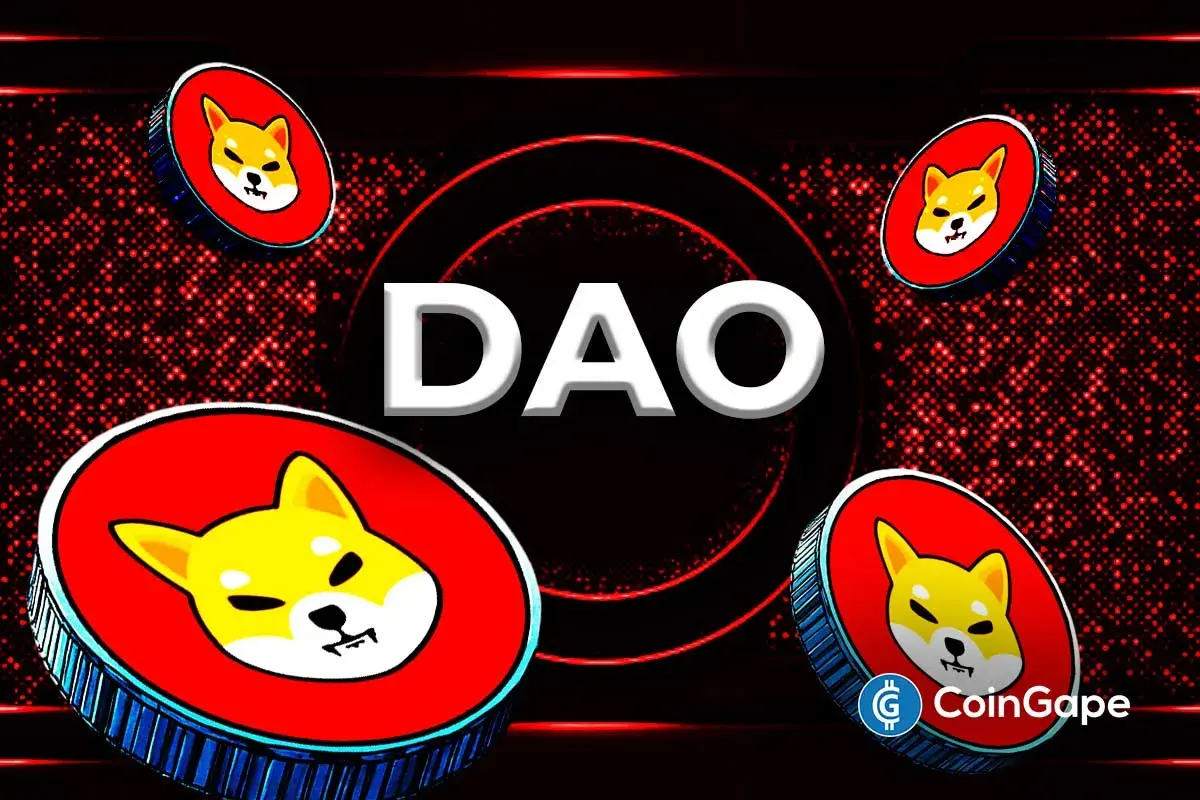 Shiba Inu price chart shows accumulation phase with golden cross forming as Doggy DAO announces new voting models.