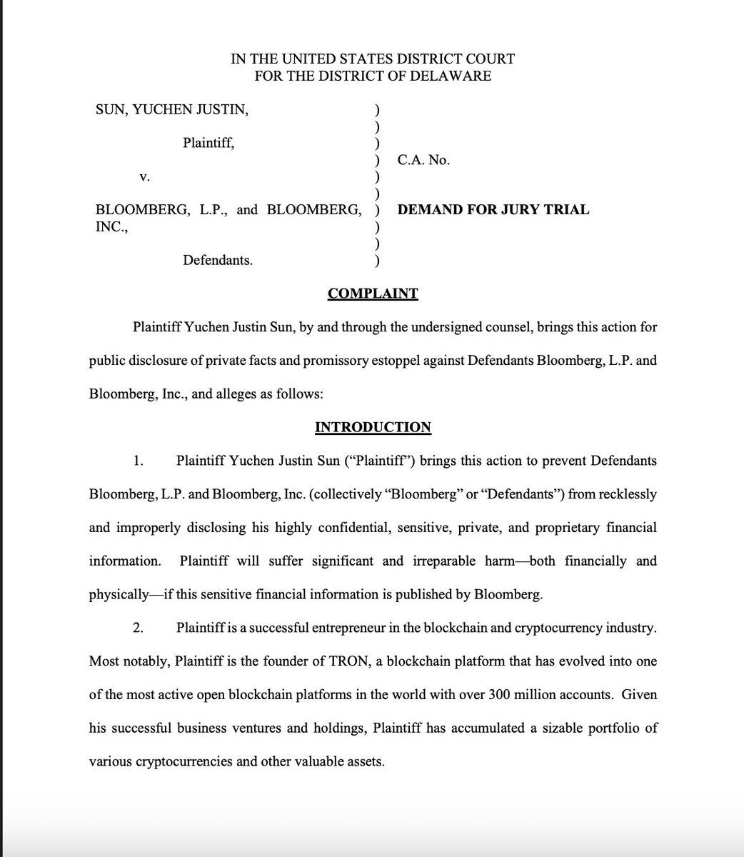 Justin Sun Sues Bloomberg in Delaware Court to Block Disclosure of Crypto Holdings, Seeks Restraining Order Over Billionaires Index Claims