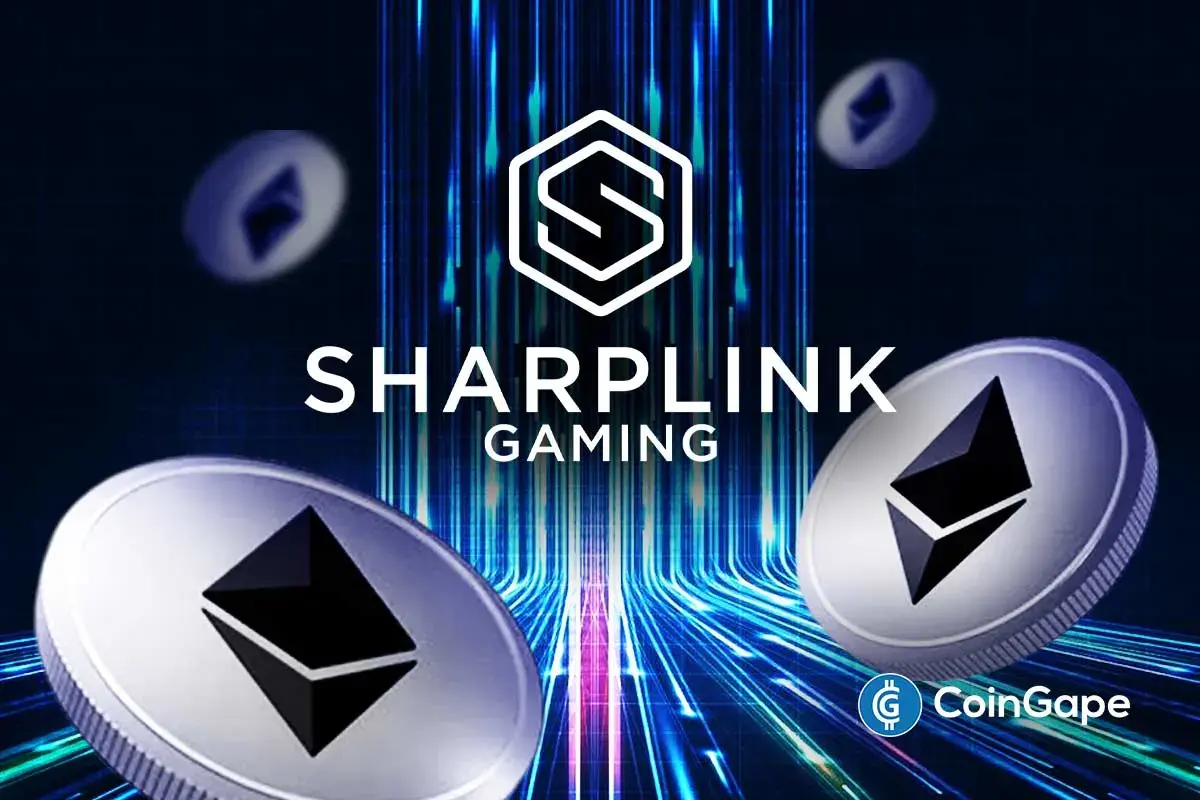 an image of SharpLink Gaming logo with Ethereum coins, highlighting company’s growing crypto treasury