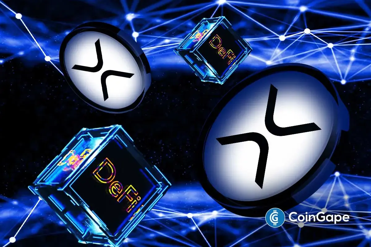 XRP tokens connected with DeFi blocks, representing Flare’s XRPFi treasury adoption