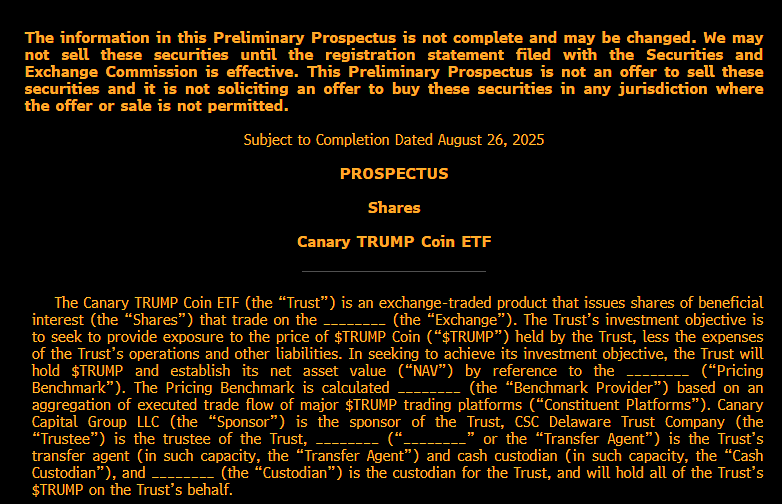 Canary Funds Seeks SEC Approval for Trump Coin ETF