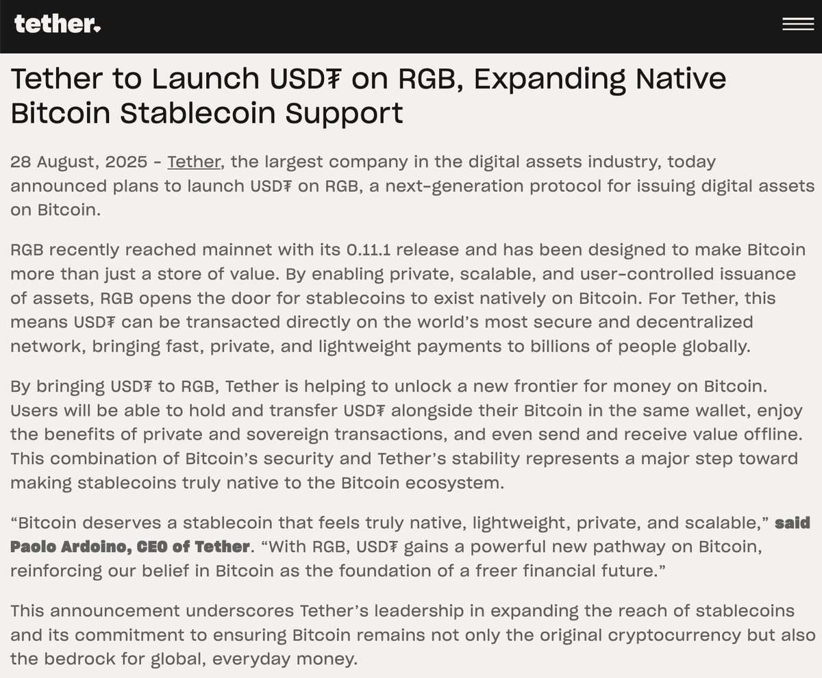 Tether to Launch USDT Natively on Bitcoin via RGB