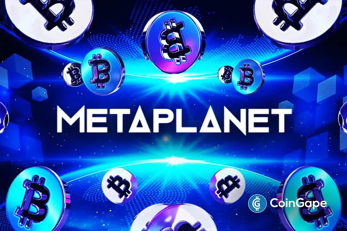 Metaplanet logo with floating Bitcoin symbols highlighting company’s Bitcoin-focused strategy.