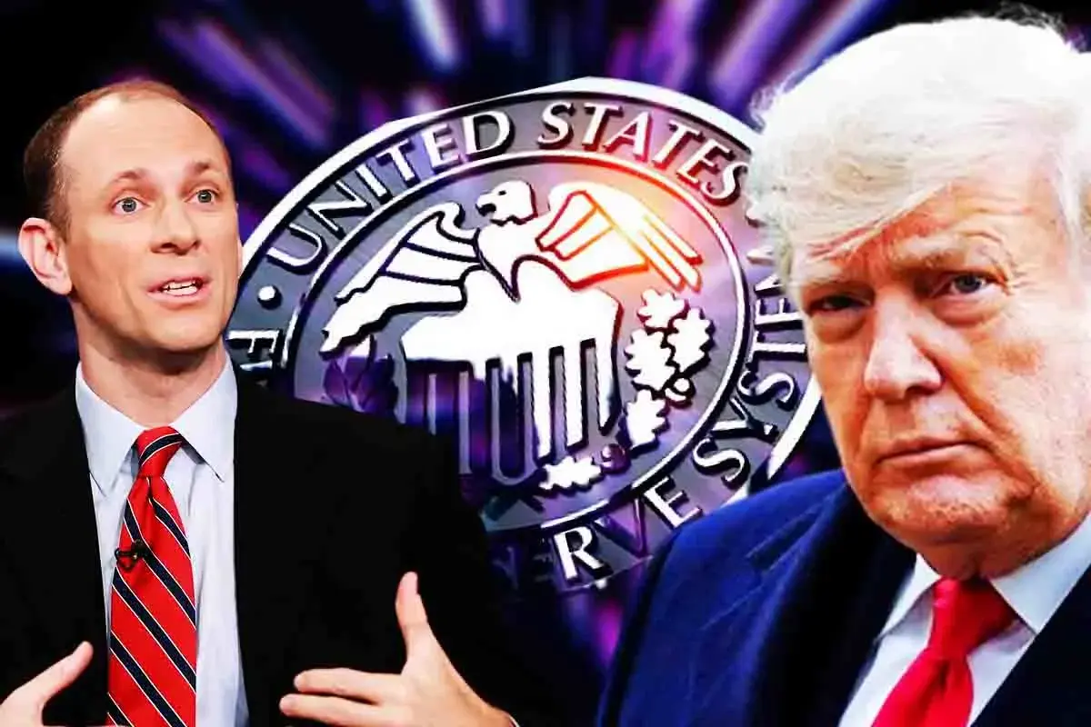 Goolsbee and Trump pictured with Fed Reserve emblem backdrop following his latest views regarding rate cuts.