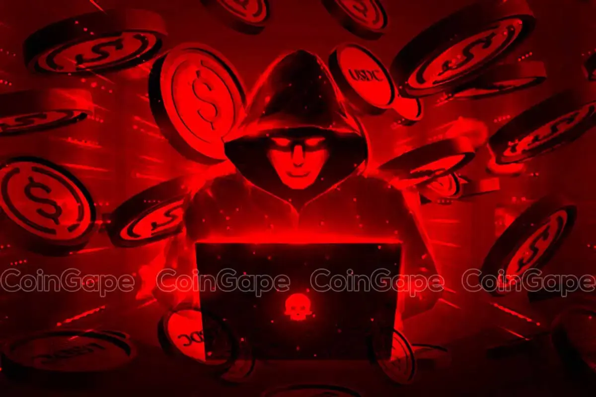a supply chain attacker in hoodie using laptop surrounded by floating digital dollar coins.
