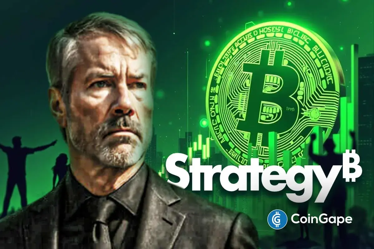 Michael Saylor with Bitcoin symbol representing Strategy’s corporate Bitcoin vision.