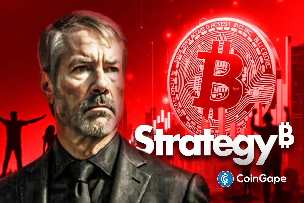 An image of Michael Saylor, Strategy and Bitcoin's logos