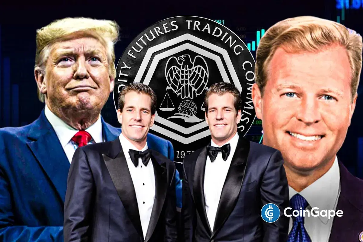 An image of Trump, CFTC Chair nominee Brian Quintenz and the Winklevoss twins