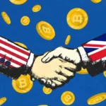 Handshake between US and UK with Bitcoin coins symbolizing crypto cooperation