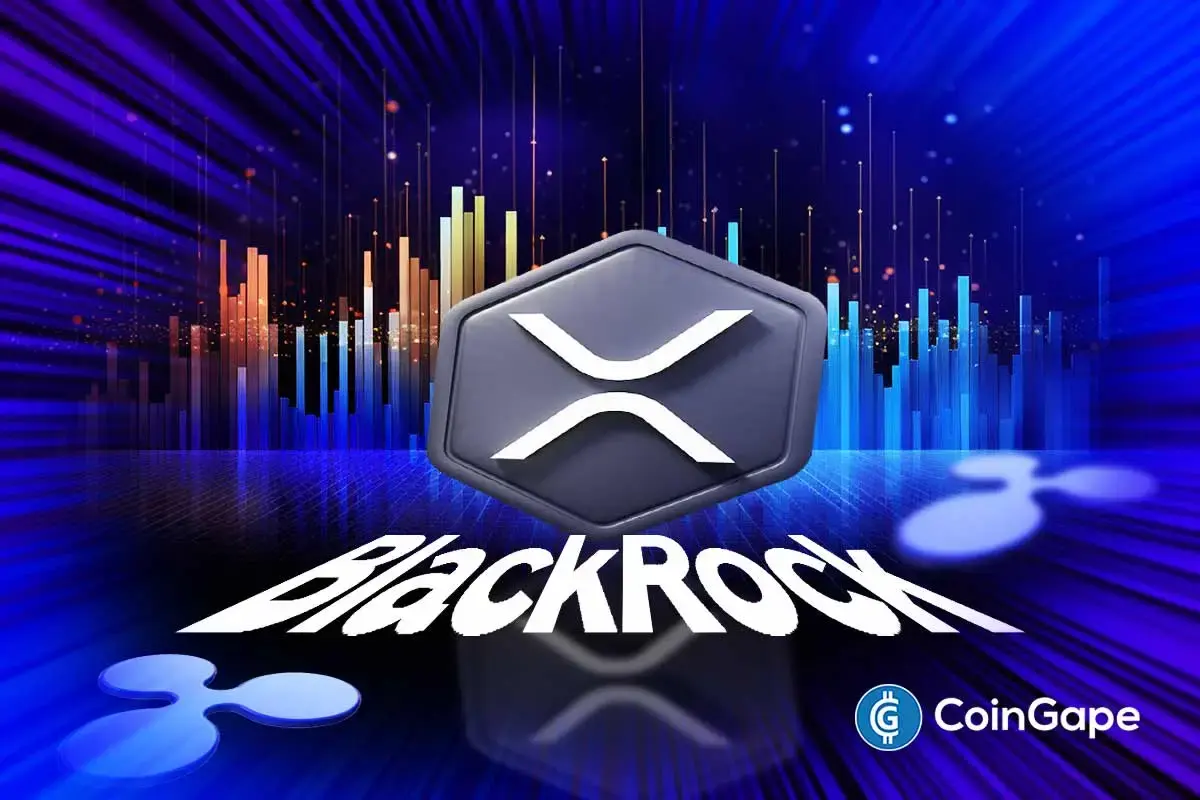 XRP chart highlights a cup-and-handle breakout as BlackRock confirms participation in Ripple Swell 2025.
