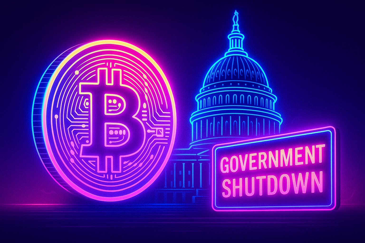 Bitcoin-Münze vor dem US-Kapitol mit rotem Shutdown-Warnschild.