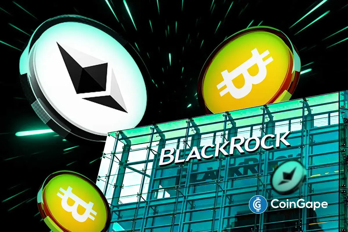 BlackRock building with Bitcoin and Ethereum logos symbolizing portfolio shift