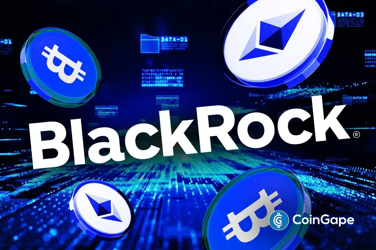 BlackRock logo with Bitcoin and Ethereum icons highlighting ETF inflows and outflows
