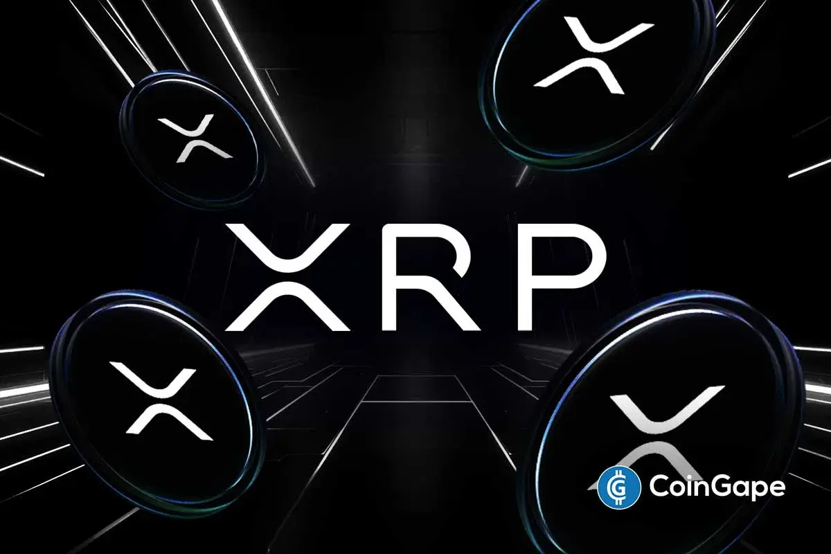 XRP logo with floating tokens on dark digital background