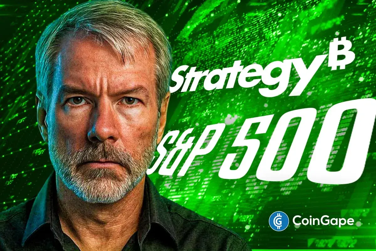 Michael Saylor pictured with Strategy Bitcoin S&P 500 graphic after index snub.