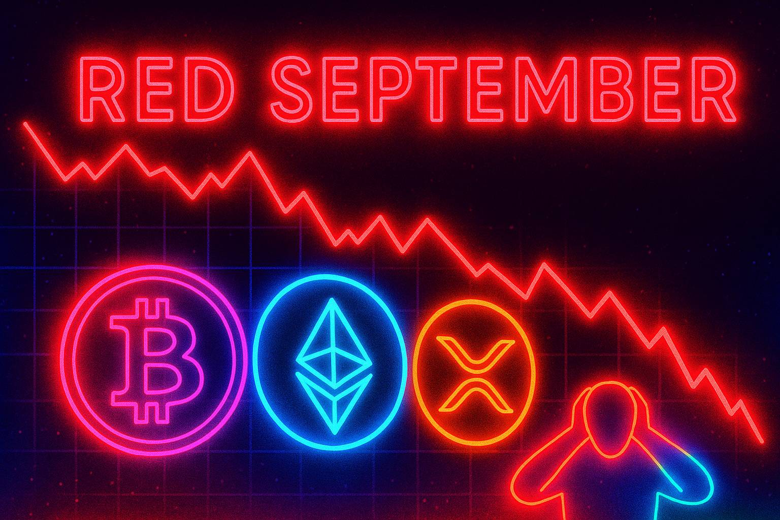 „Bitcoin, Ethereum und XRP Münzen vor roten Abwärtscharts im September“