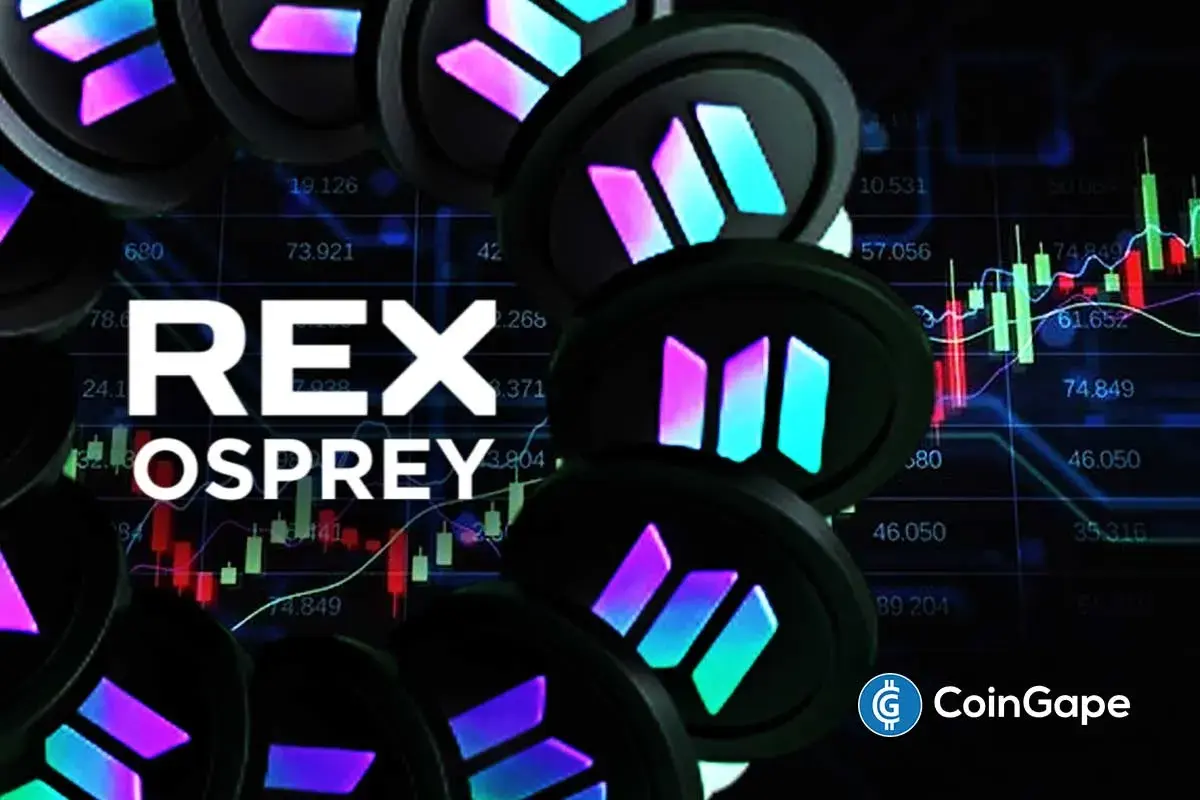 an image of Solana tokens with REX Osprey branding over trading chart background for the ETF's new milestone
