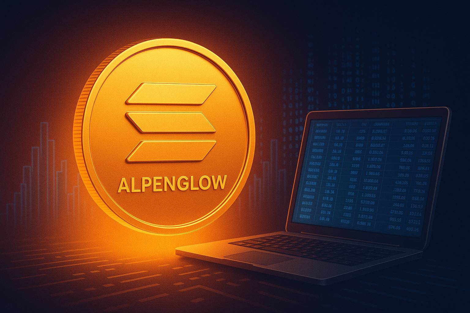 Fotorealistisches Bild eines leuchtenden Solana-Tokens über digitaler Skyline, Symbol für Geschwindigkeit und Innovation.