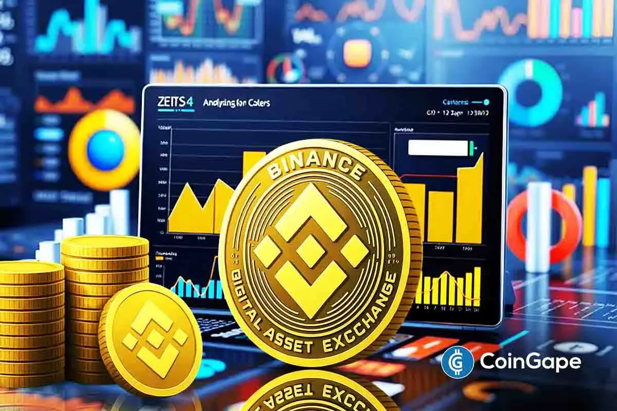 Binance coin stands before trading charts showing market growth and price strength.