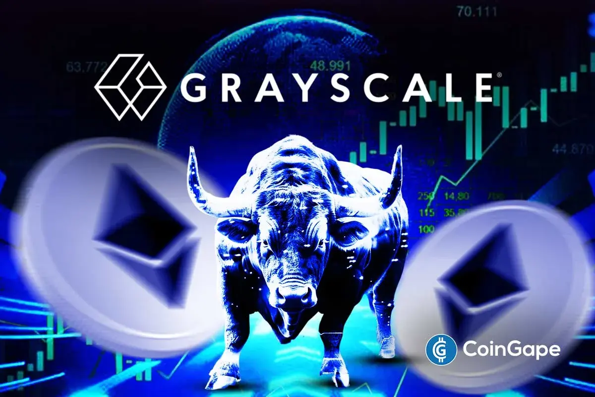 Ethereum chart showing renewed bullish trend alongside Grayscale’s new spot staking ETP announcement.