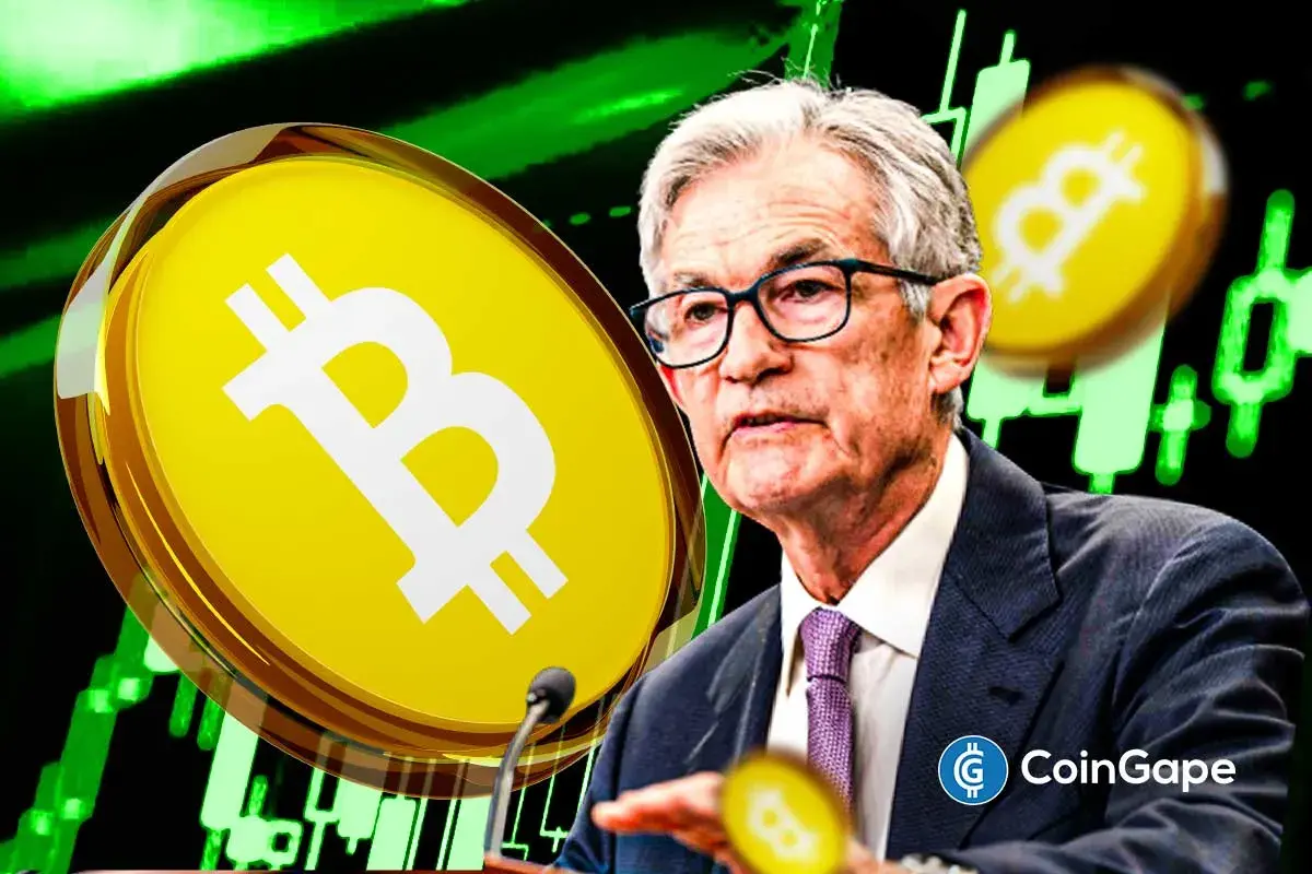 An image of Jerome Powell and Bitcoin's logo