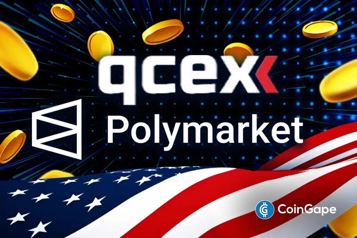 Polymarket and QCEX logos with U.S. flag background symbolizing market reentry.