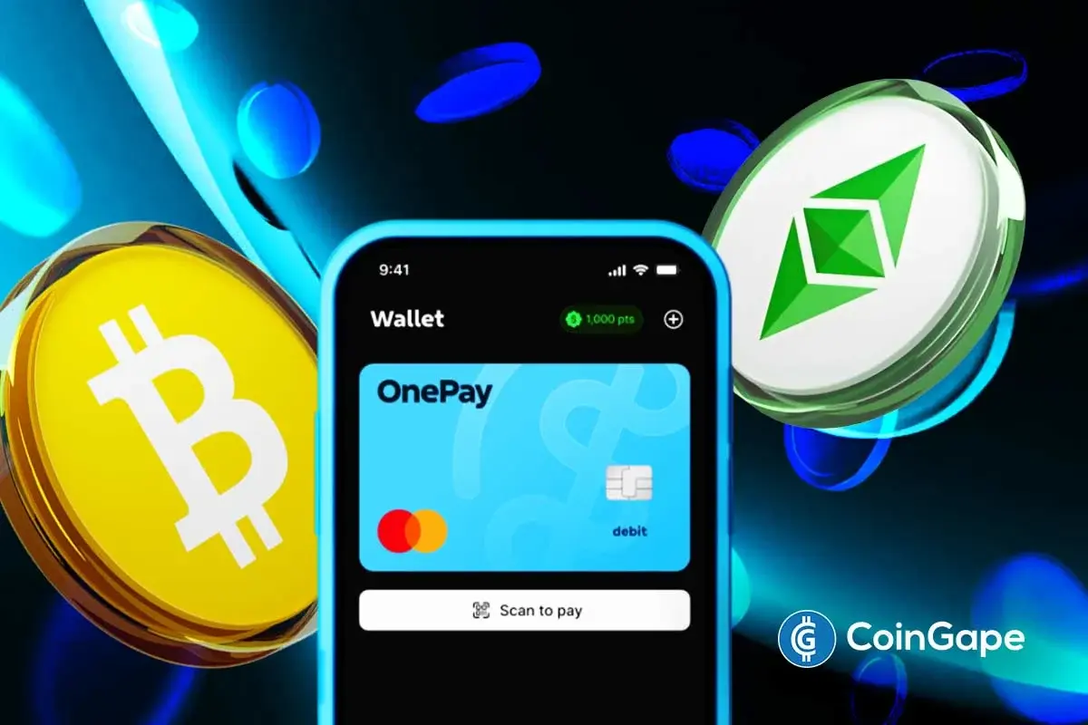 An image of OnePay's platform and BTC and ETH's logos
