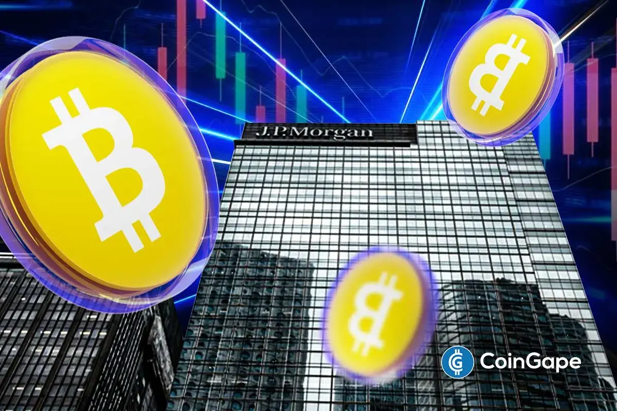 Bitcoin coins float over JPMorgan building, highlighting bank’s bullish forecast.