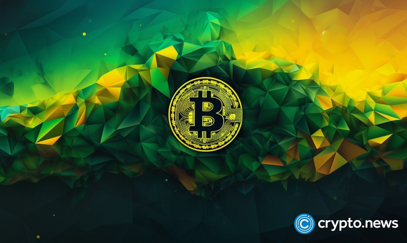 Bitcoin over a Brazil flag, symbolizing mining push with clean energy