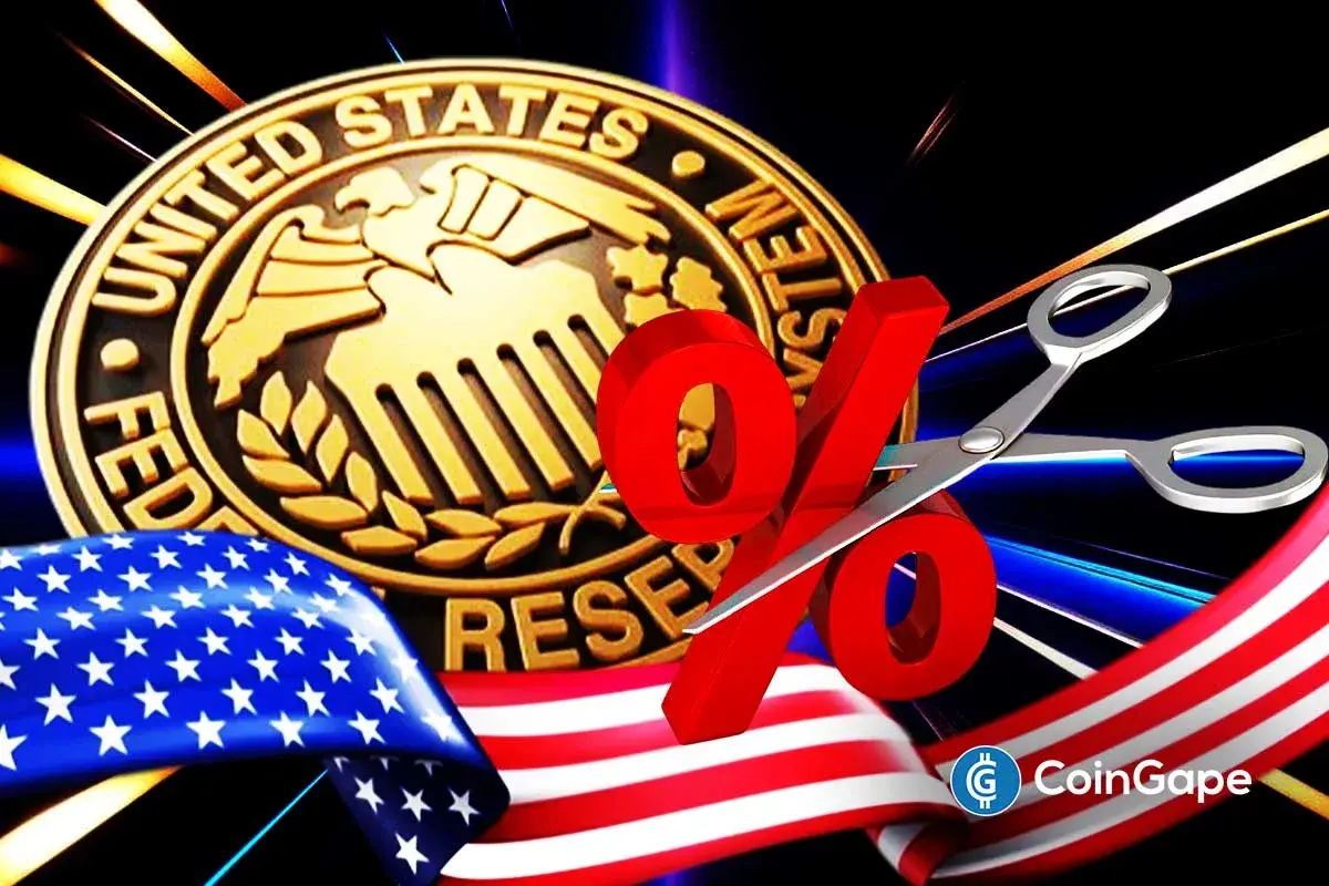 U.S. Federal Reserve symbol with scissors cutting percentage sign, showing rate cuts amid rising Bitcoin price.