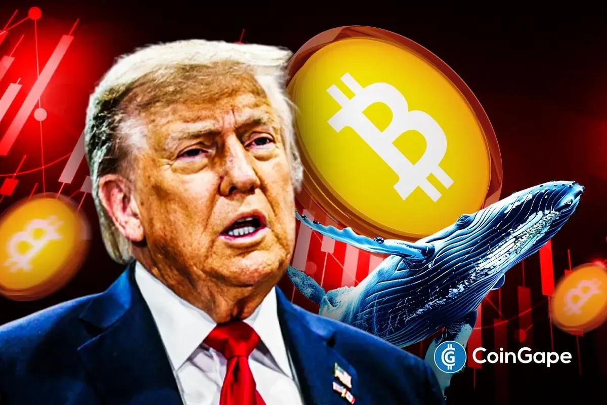 Donald Trump beside Bitcoin symbol and whale image illustrating major crypto market activity.