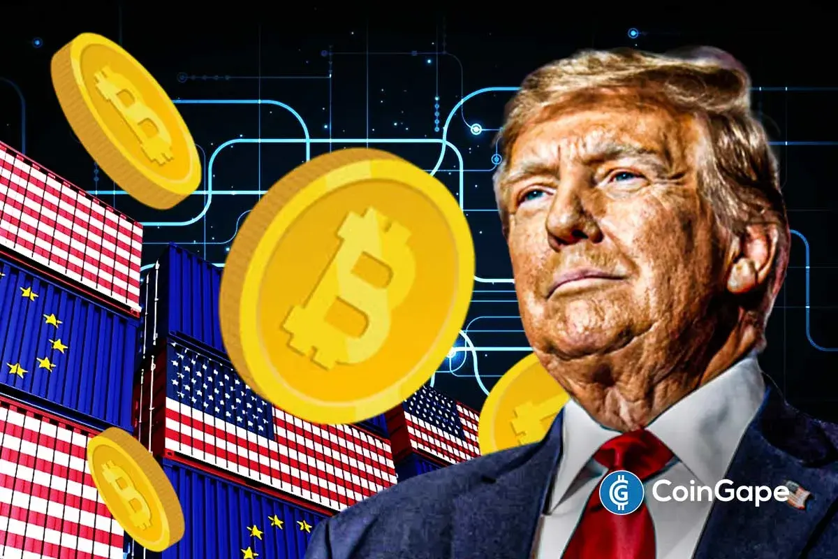 Trump stands before trade containers and Bitcoin symbols as tariff uncertainty grows following Supreme Court skepticism.