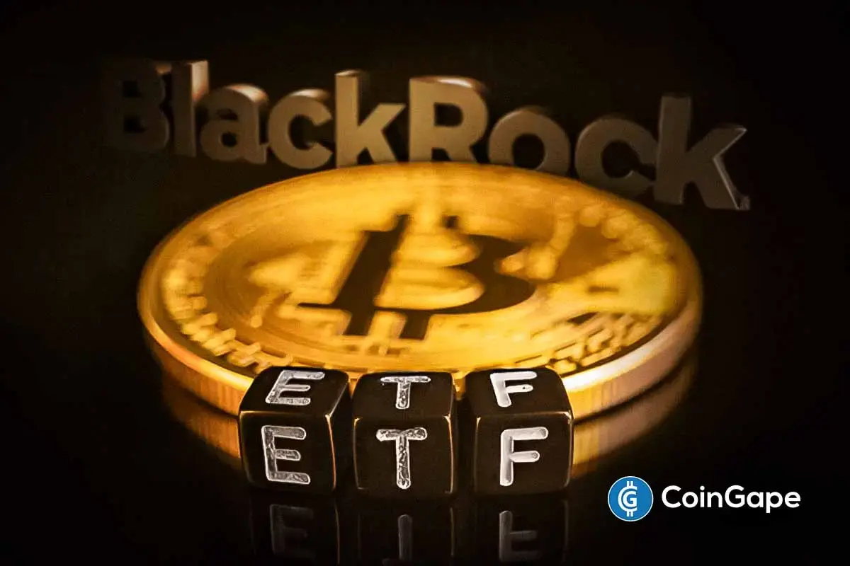 BlackRock logo with Bitcoin and ETF blocks, symbolizing IBIT’s record trading surge.