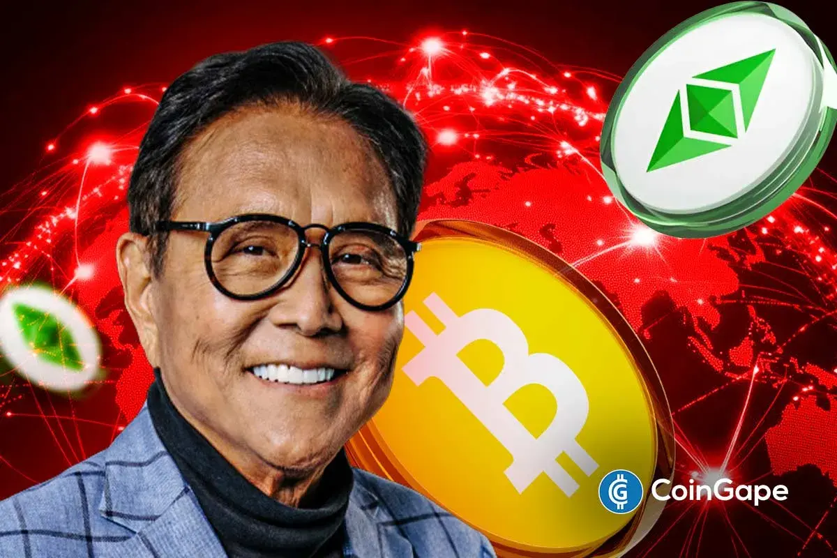 an image of Robert Kiyosaki and the Bitcoin and Ethereum logo