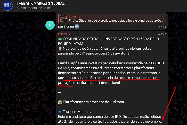 Taebank parou de pagar e pediu até dia 27 de novembro de 2025 a paciência dos clientes