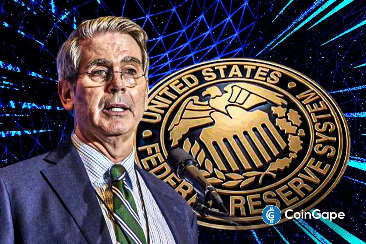 Treasury Secretary Scott Bessent addresses new crypto ETF staking guidance beside the U.S. Federal Reserve emblem.