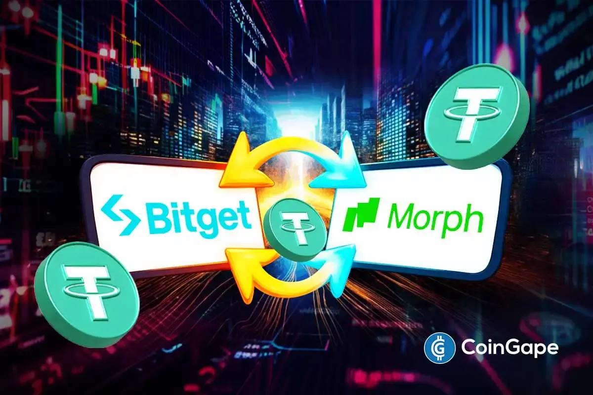 Graphic showing Bitget and Morph connected by USDT arrows, illustrating direct stablecoin trading between the two platforms.