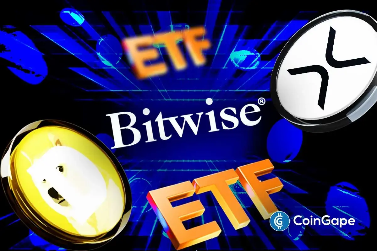 Bitwise graphic with DOGE and XRP symbols highlighting new spot ETF launches this week.