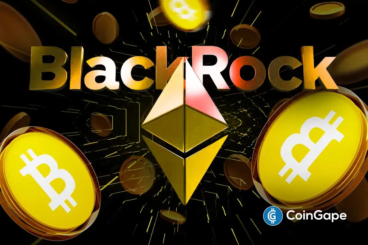 BlackRock logo with Bitcoin and Ethereum symbols illustrating major crypto fund movements.