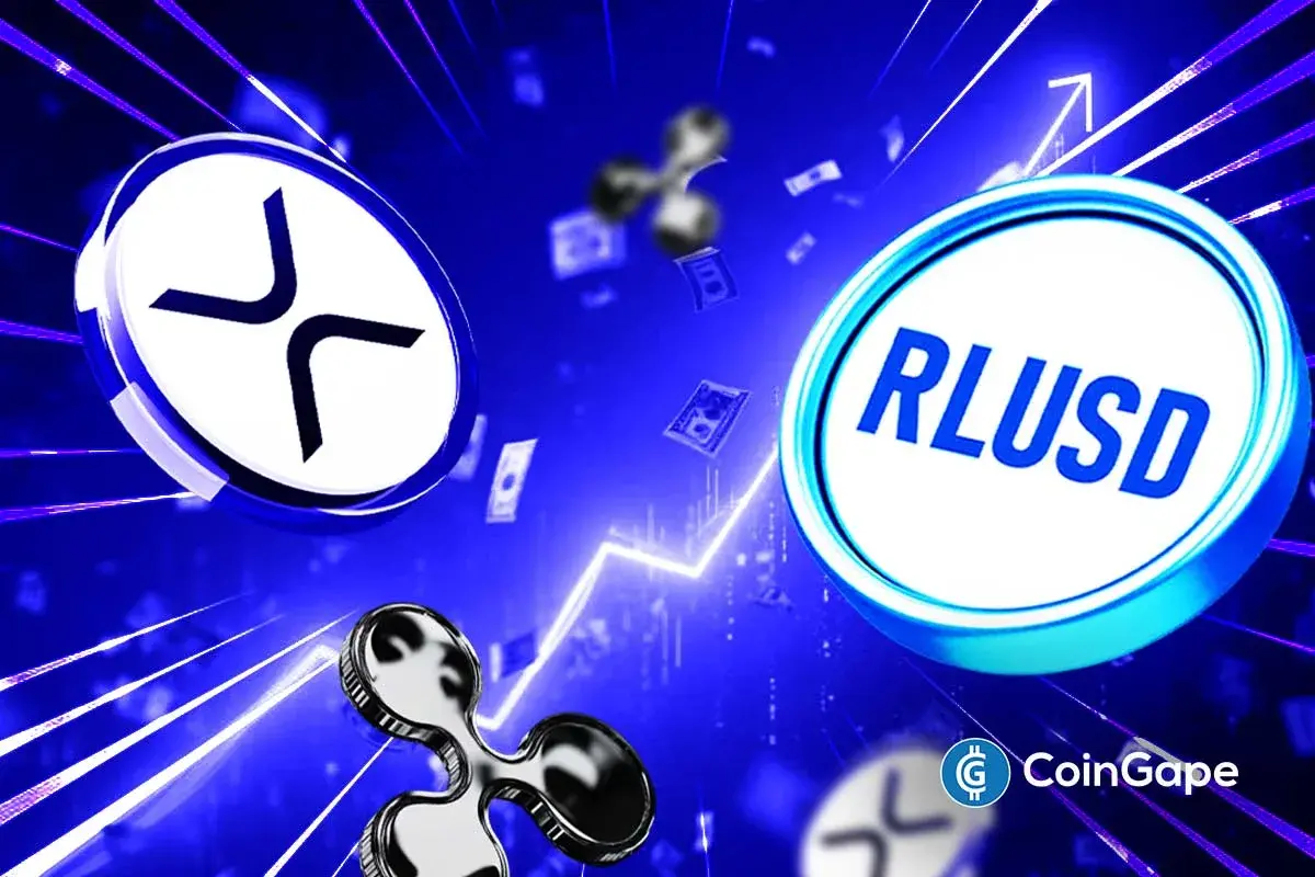 XRP and RLUSD tokens appear with rising financial graphics, showing Ripple’s growing payments and stablecoin activity.
