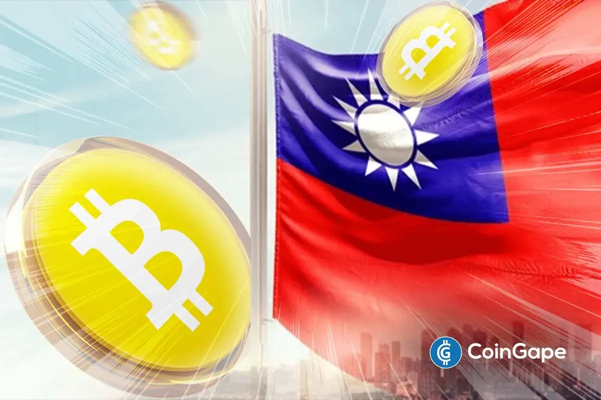 Taiwan flag with floating Bitcoin symbols, illustrating Taiwan’s consideration of Bitcoin for national reserve strategy.